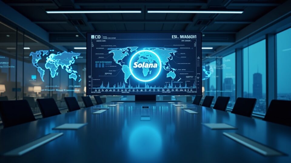 Boardroom with Solana logo and holographic charts of rising ETF flows; institutional traders.