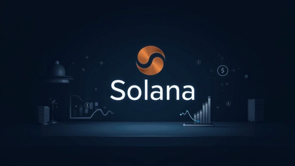 Solana logo on an elegant trading desk, with rising charts and staking icons, for institutional yield ETFs.