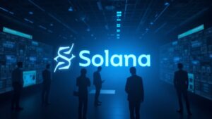 Photorealistic header: Solana at the center, institutional flows and on-chain metrics vs skeptical holders, blue background.