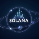 Solana centerpiece with logo, Nasdaq skyline, and staking and tokenization icons orbiting toward a bullish chart.