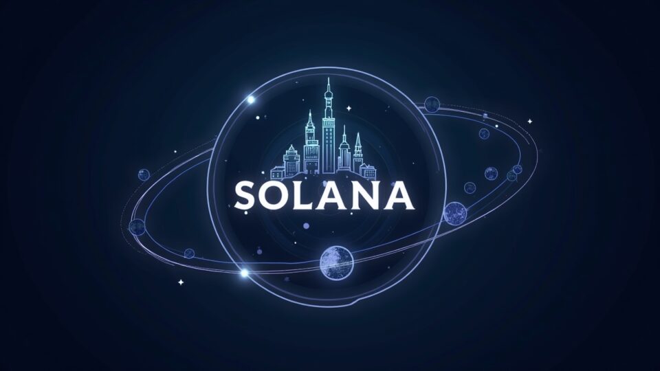 Solana centerpiece with logo, Nasdaq skyline, and staking and tokenization icons orbiting toward a bullish chart.