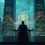 Photorealistic photo of a trader in front of an elegant desk, glass towers in the background, green and red arrows pointing at a Solana symbol with charts.