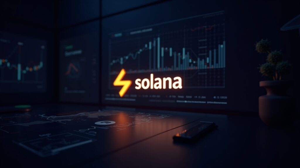 realistic scene of Solana with luminous logo on a trading desk, charts of institutional flows and decentralized network