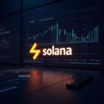 realistic scene of Solana with luminous logo on a trading desk, charts of institutional flows and decentralized network