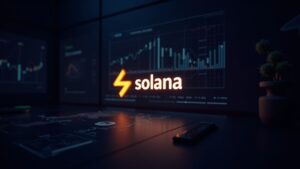 realistic scene of Solana with luminous logo on a trading desk, charts of institutional flows and decentralized network