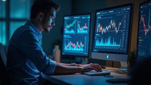 photorealistic trader at a desk with a solana logo and holographic on-chain charts; high on-chain activity but flat sol price
