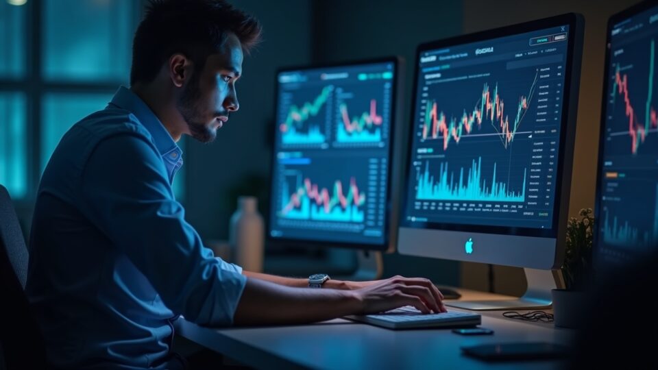 photorealistic trader at a desk with a solana logo and holographic on-chain charts; high on-chain activity but flat sol price