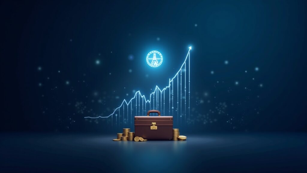 Solana over bullish graph, treasury briefcase and digital tokens orbiting, blue newsroom-style lighting
