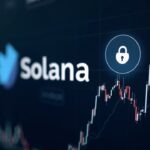 Solana logo in the foreground with a spiraling price chart and an unlock icon, high-contrast news style.