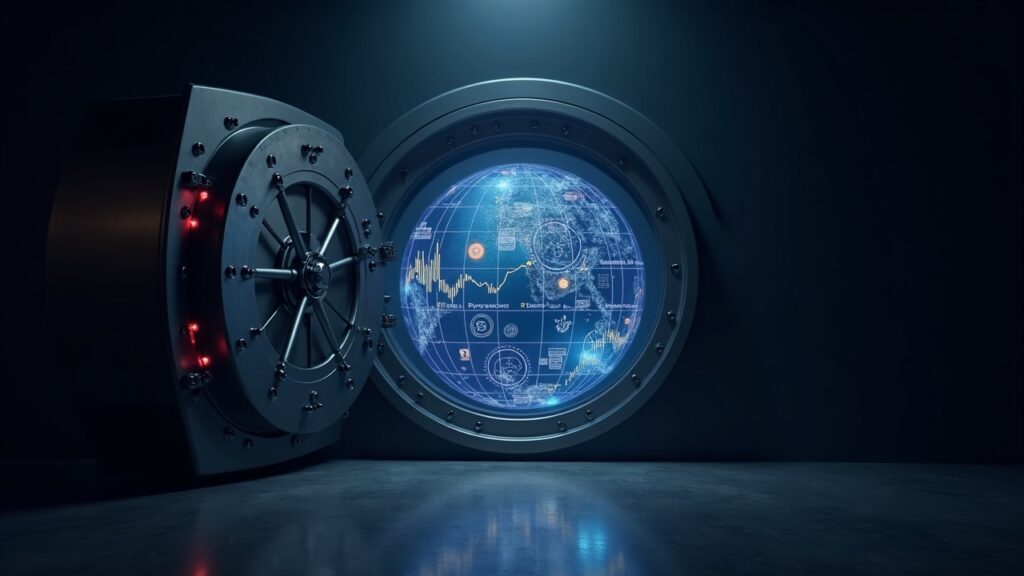 Bank vault opens; holographic globe of stablecoins with regulatory charts and a red warning.