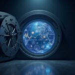 Bank vault opens; holographic globe of stablecoins with regulatory charts and a red warning.