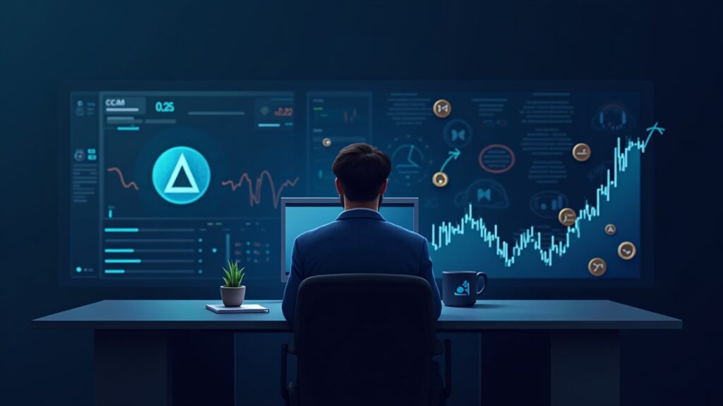 Realistic news desk with a central trader, Stellar logo, and a graph marking 0.25. Stellar Core icons.