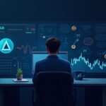 Realistic news desk with a central trader, Stellar logo, and a graph marking 0.25. Stellar Core icons.