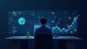Realistic news desk with a central trader, Stellar logo, and a graph marking 0.25. Stellar Core icons.