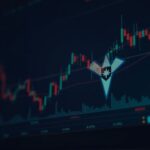 Close-up of a crypto trading desk with the Stellar logo and a chart showing a 7.7% drop below $0.28, with high volume.