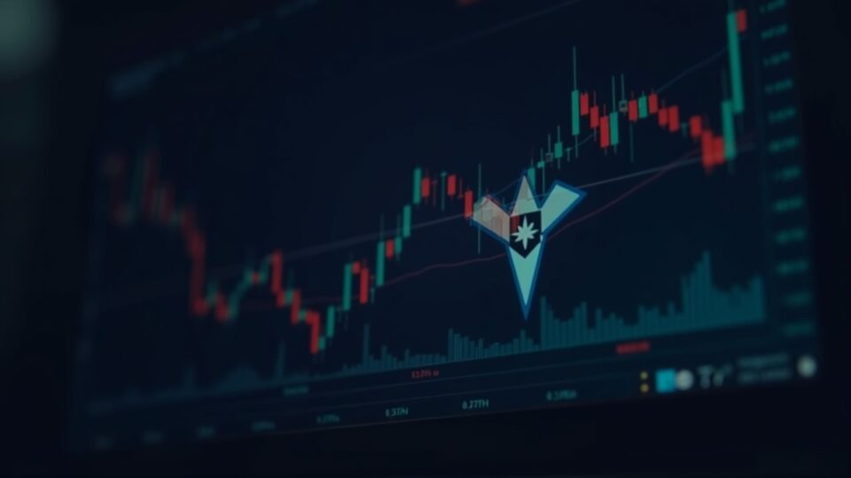 Close-up of a crypto trading desk with the Stellar logo and a chart showing a 7.7% drop below $0.28, with high volume.