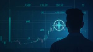 XLM logo over a glass trading panel showing range 0.27–0.35, institutional trader in the foreground and blockchain grid background.