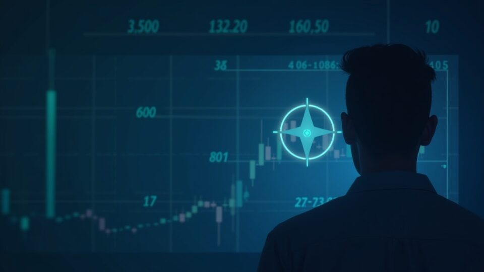 XLM logo over a glass trading panel showing range 0.27–0.35, institutional trader in the foreground and blockchain grid background.