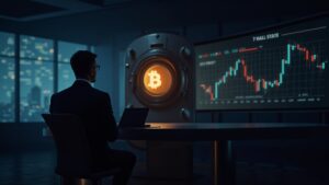 Executive in a modern newsroom, illuminated Bitcoin vault and moving index chart.