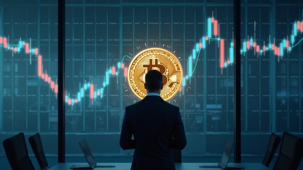 Executive in front of a glass wall with an S&P 500 chart, blocked by a Bitcoin icon.