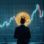 Executive in front of a glass wall with an S&P 500 chart, blocked by a Bitcoin icon.