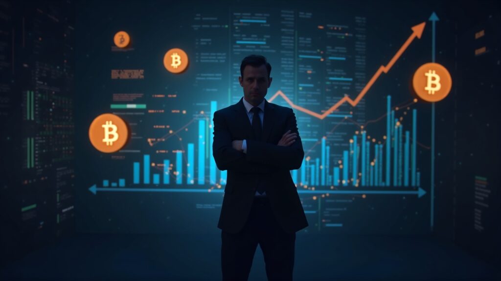 Professional silhouette in front of lending charts with Bitcoin and USDT logos, before a digital vault.
