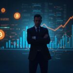 Professional silhouette in front of lending charts with Bitcoin and USDT logos, before a digital vault.