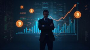 Professional silhouette in front of lending charts with Bitcoin and USDT logos, before a digital vault.