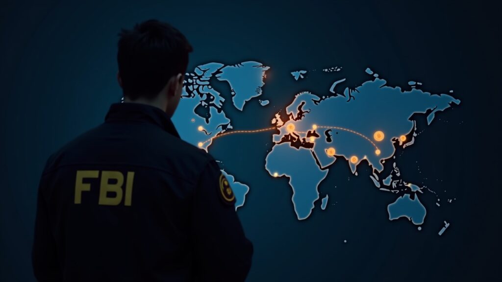 Thai cybercrime investigator with an FBI badge analyzes a blockchain map to trace USDT and Bitcoin flows.