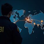 Thai cybercrime investigator with an FBI badge analyzes a blockchain map to trace USDT and Bitcoin flows.