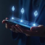 Photorealistic user on smartphone with glowing links among Stellar, NEAR and Ethereum logos for cross-chain custodial swaps.
