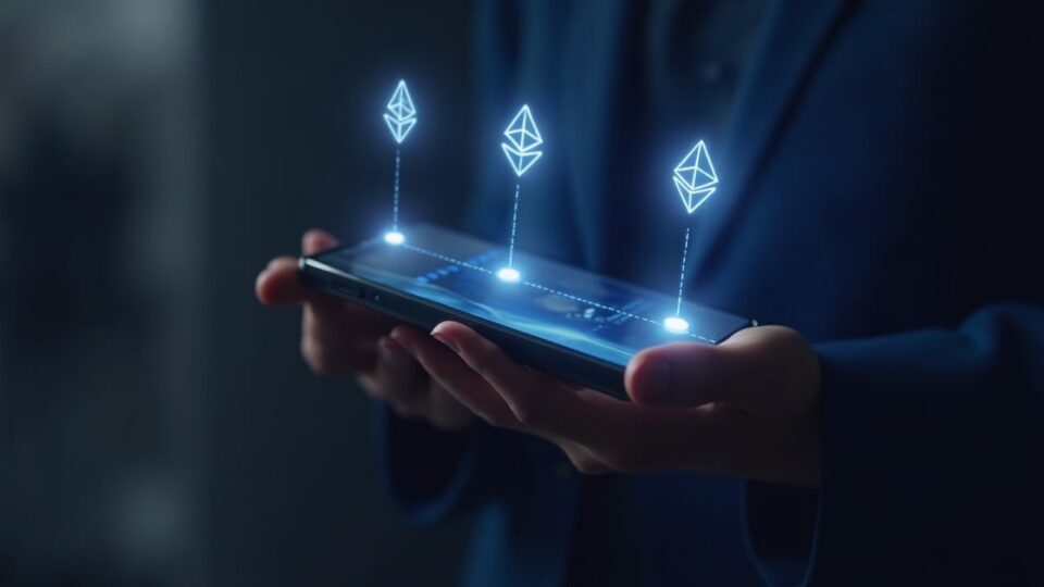 Photorealistic user on smartphone with glowing links among Stellar, NEAR and Ethereum logos for cross-chain custodial swaps.
