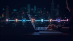Realistic crypto newsroom header: user with sleek wallet, glowing cross-chain rails linking TRON, TRX and USDT, non-custodial swaps.