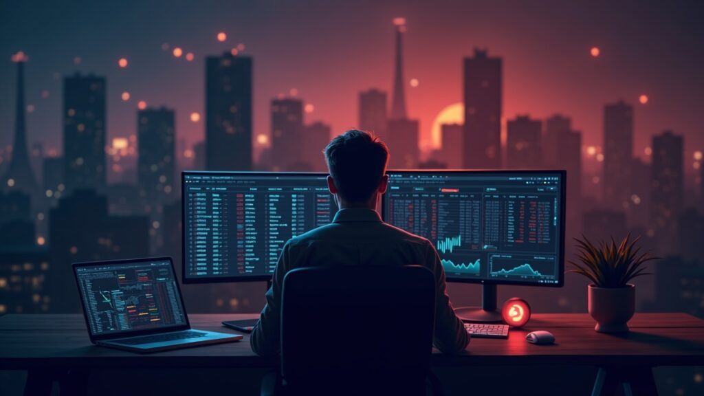 Crypto trader in front of a blank ticker board and a red alert; background with silhouettes of a Bitcoin mining farm