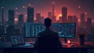 Crypto trader in front of a blank ticker board and a red alert; background with silhouettes of a Bitcoin mining farm