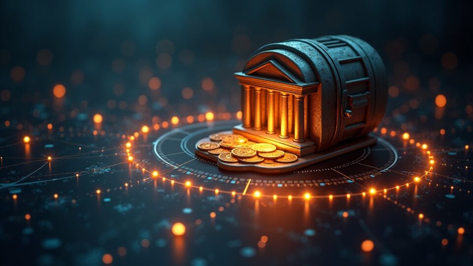 Central vault with tokenized bonds orbiting a wholesale CBDC ledger, atomic settlement.