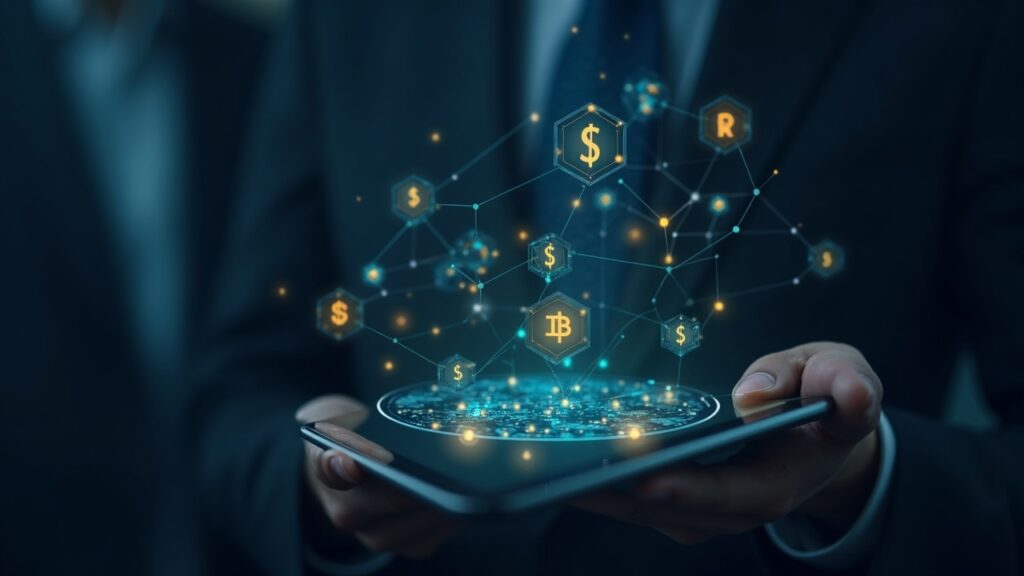 Photorealistic central figure with icons of tokenized money market funds over blockchain, BIS label and fintech background