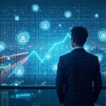Figure in a suit next to a holographic screen of tokenized stocks, Tokyo and a blockchain network, symbolizing 24/7 trading.