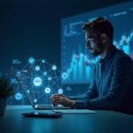 Central analyst at a modern desk, holographic charts of tokenized stocks and blockchain nodes with regulatory icons