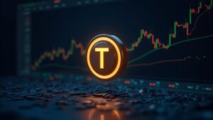 Photorealistic header with Toncoin at the center; split view: lagging spot and derivatives with open interest.