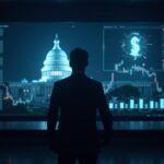 Crypto trader in a newsroom, with a government silhouette and a glowing blockchain, symbolizing a data blackout.