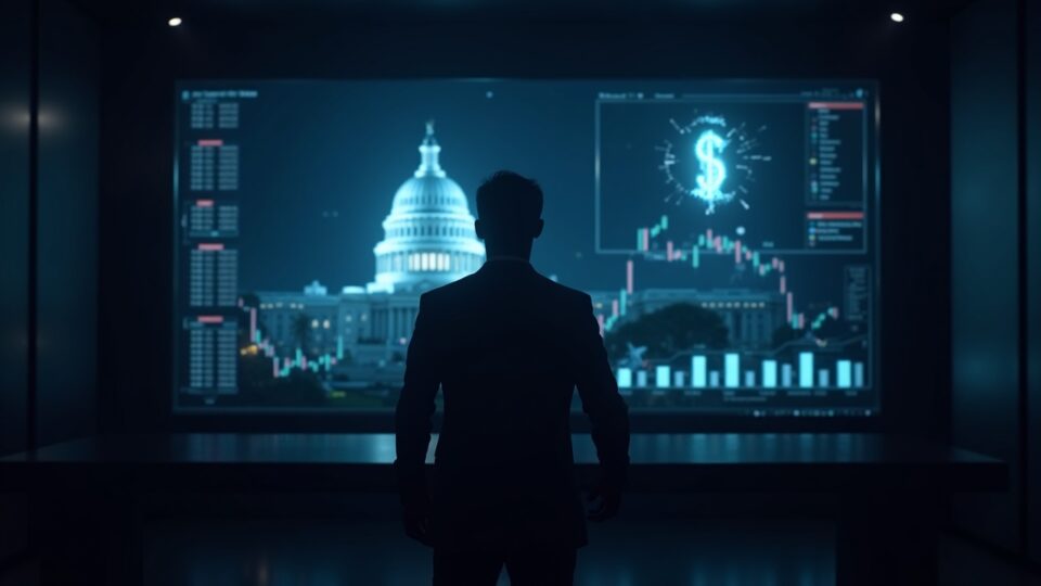 Crypto trader in a newsroom, with a government silhouette and a glowing blockchain, symbolizing a data blackout.