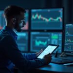 Professional trader in a newsroom-style trading room, on-chain order book and zkLighter on Arbitrum.