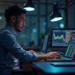Photorealistic crypto trader at a sleek desk as BTC/ETH fall and USDT rises, signaling risk-off liquidity shift.