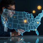 Professional at a desk next to a holographic map of the U.S. with six states highlighted and floating stablecoins.