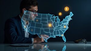 Professional at a desk next to a holographic map of the U.S. with six states highlighted and floating stablecoins.