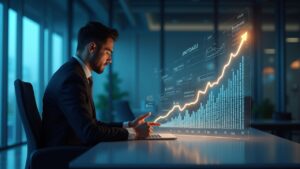 Corporate treasury executive in a modern office, with holographic Bitcoin (BTC) charts and an upward-trending graph.