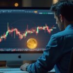 Photorealistic crypto trader at a desk, hologram of the TRUMP token, bullish chart and Epstein blurred.