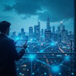 UK city with skyline, visible blockchain network and analyst evaluating the DeFi NGNL reform.