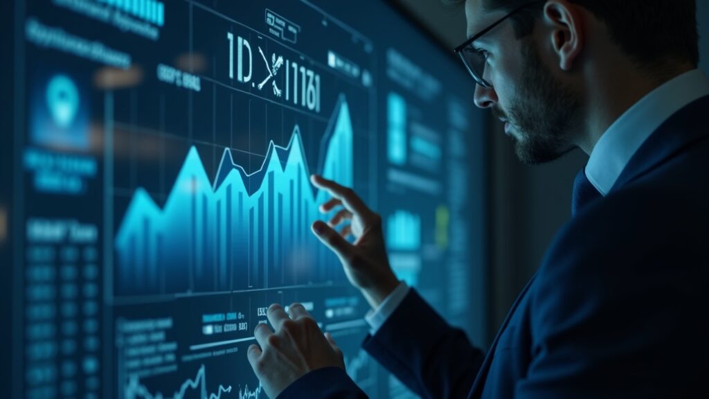 Photorealistic portrait of a British fintech analyst in front of a holographic dashboard showing 0,1% of GDP and cybersecurity.